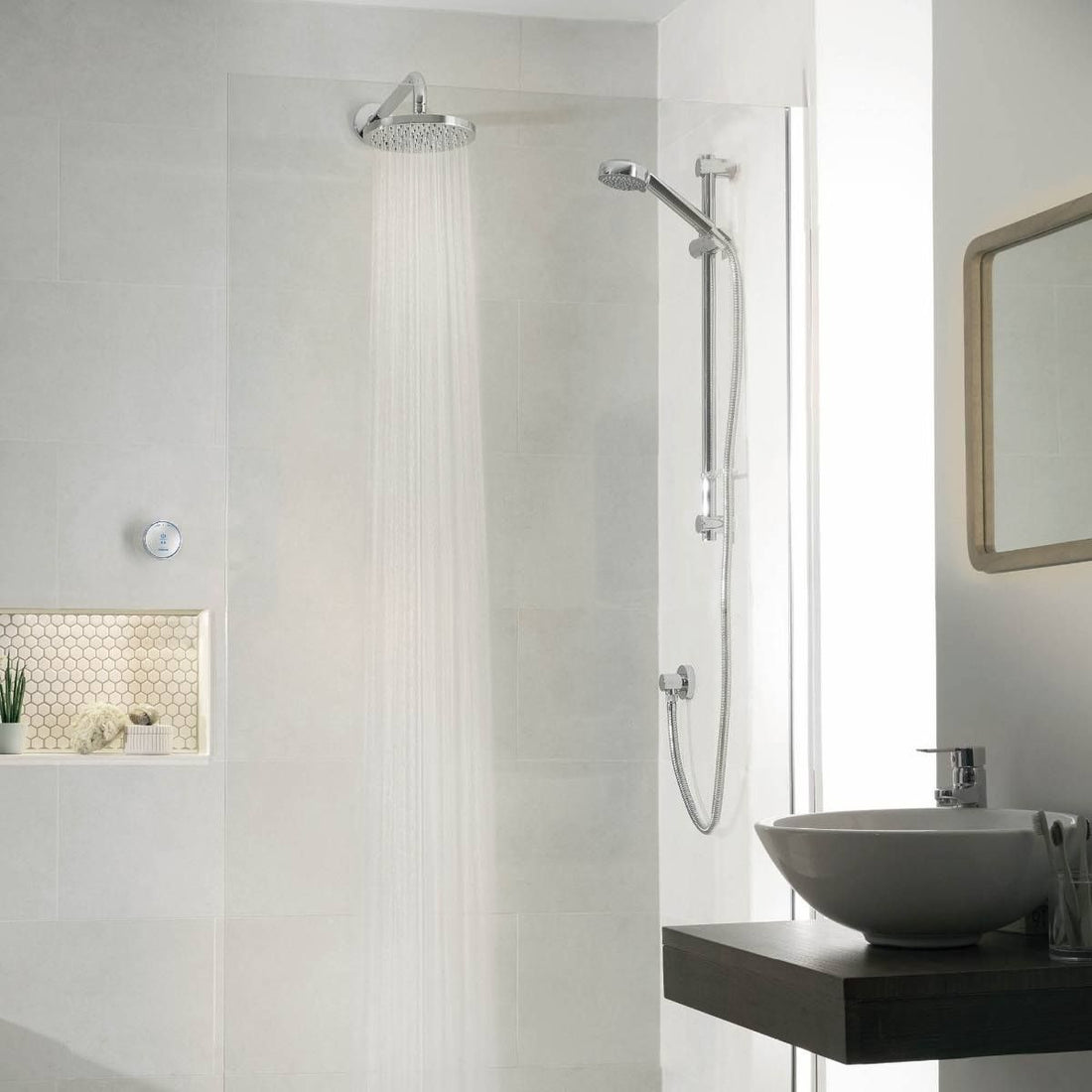 Aqualisa Quartz Blue Smart Shower - Concealed With Adjustable &amp; Wall Fixed Head against white wall panel QZSB.A1.BV.DVFW.20