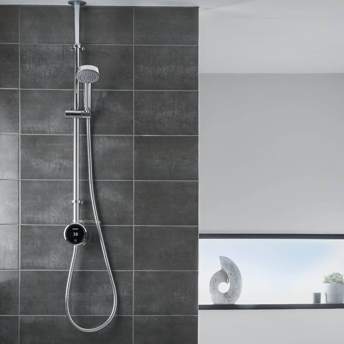 Aqualisa Quartz Touch Smart Shower Exposed With Adjustable Head against grey tiling QZST.A1.EV.20