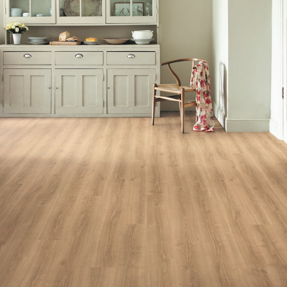 Kompact KlickFloor - Coast Oak vinyl kitchen flooring with chair and shelves 24219