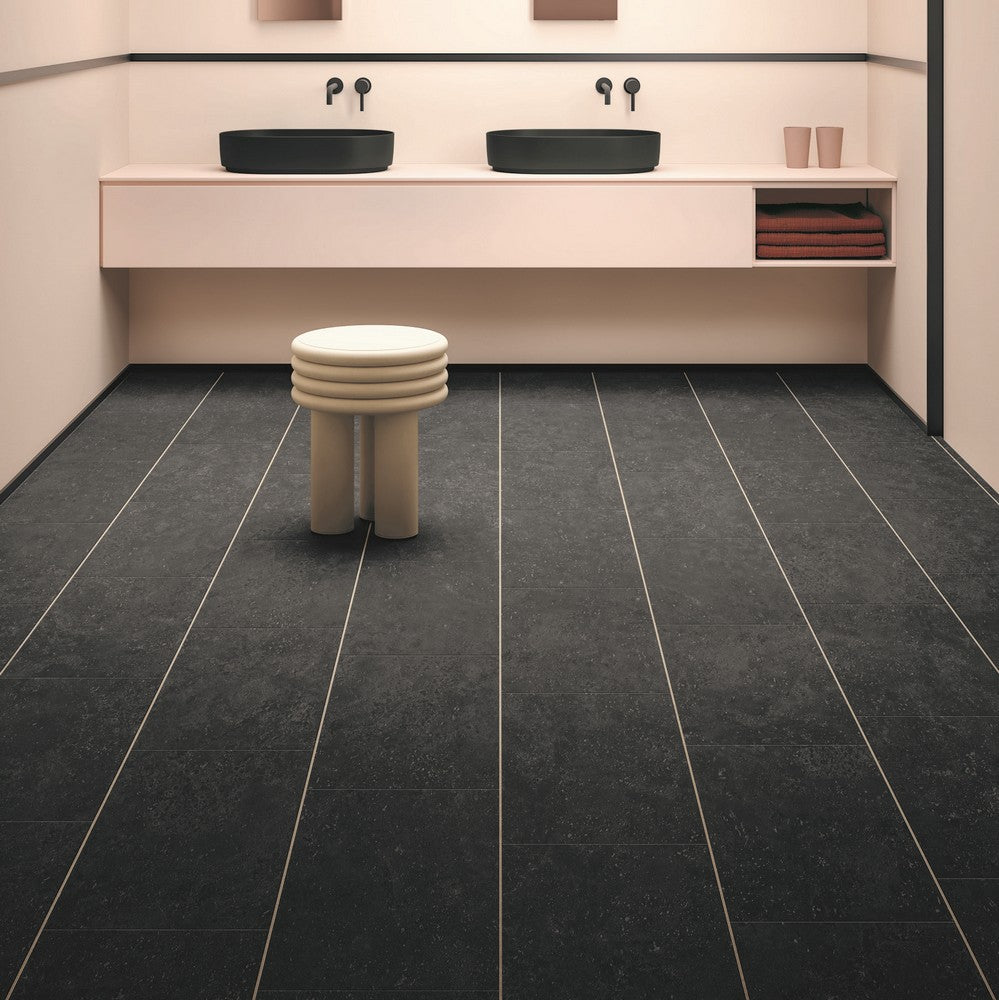 Kompact KlickFloor - Starstone Orion Black vinyl flooring underneath bathroom unit and chair 46985