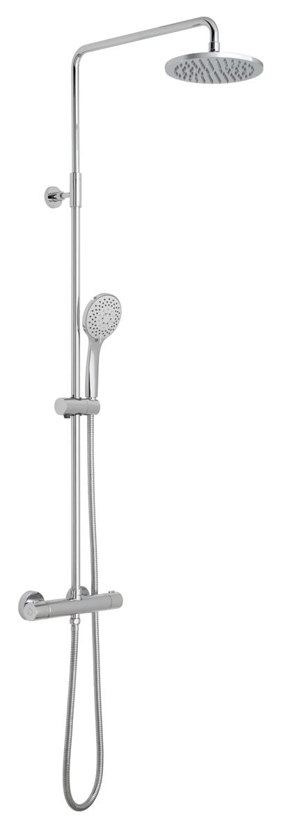 Vado Atmosphere round thermostatic shower valve with integrated diverter and rigid riser with single function shower head and 5 function shower handset