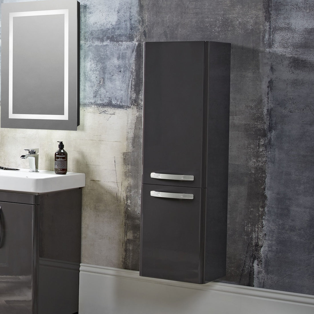 Tavistock Compass 350mm Storage Column - Various Colours against wallpaper design with basin and mirror on the left