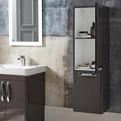 Tavistock Compass 350mm Storage Column - Various Colours open against wallpaper design with basin and mirror on the left