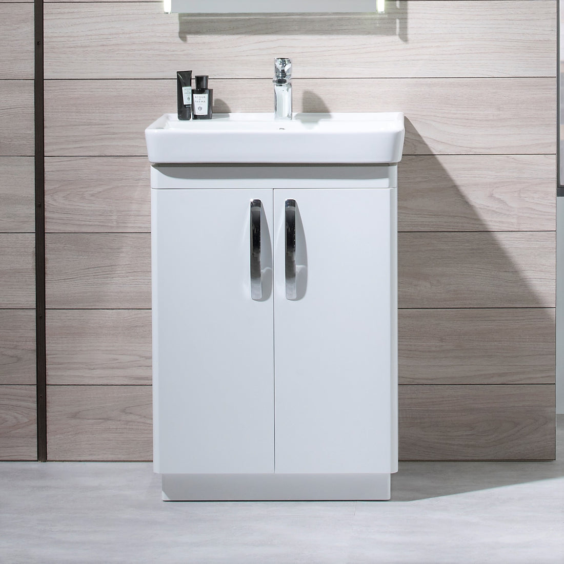 Tavistock Compass 600mm Floor reaching Unit & Basin - Various Colours against wooden wall CM600FW
