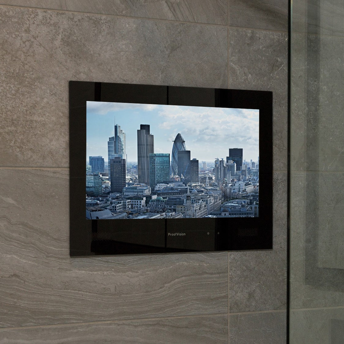 ProofVision 24inch Premium Bathroom Smart TV against tiled wall PV24MF-A