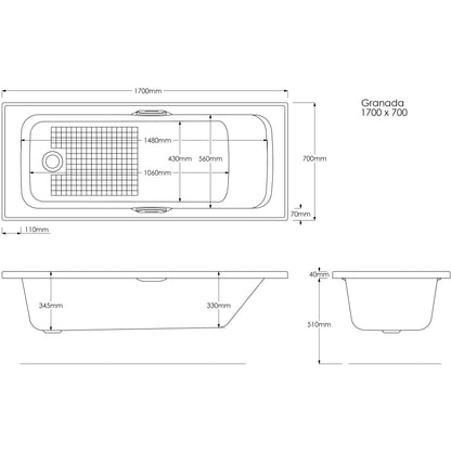 Siero 1700 x 700mm Single Ended Gripped Bath (with handles)