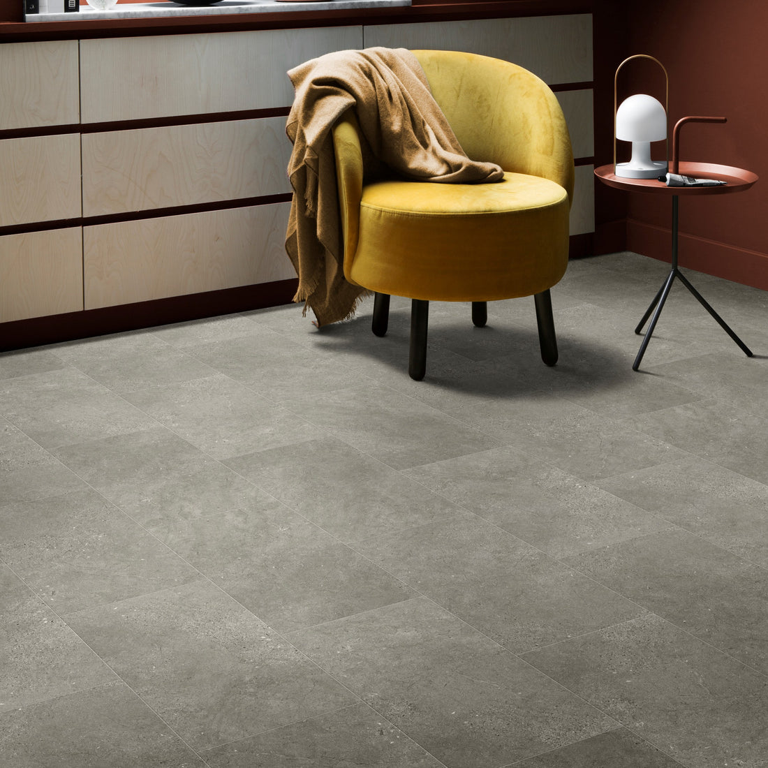 Kompact KlickFloor - Meleke Limestone vinyl bedroom flooring with chair and table 11976