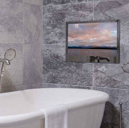 ProofVision 43inch Premium Bathroom Smart TV against light grey tiles above bathtub PV43MF-A