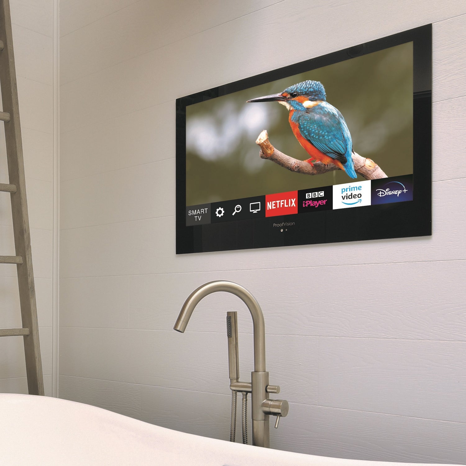 ProofVision 27inch Premium Bathroom Smart TV against white tiles above bathtub PV27BF-A