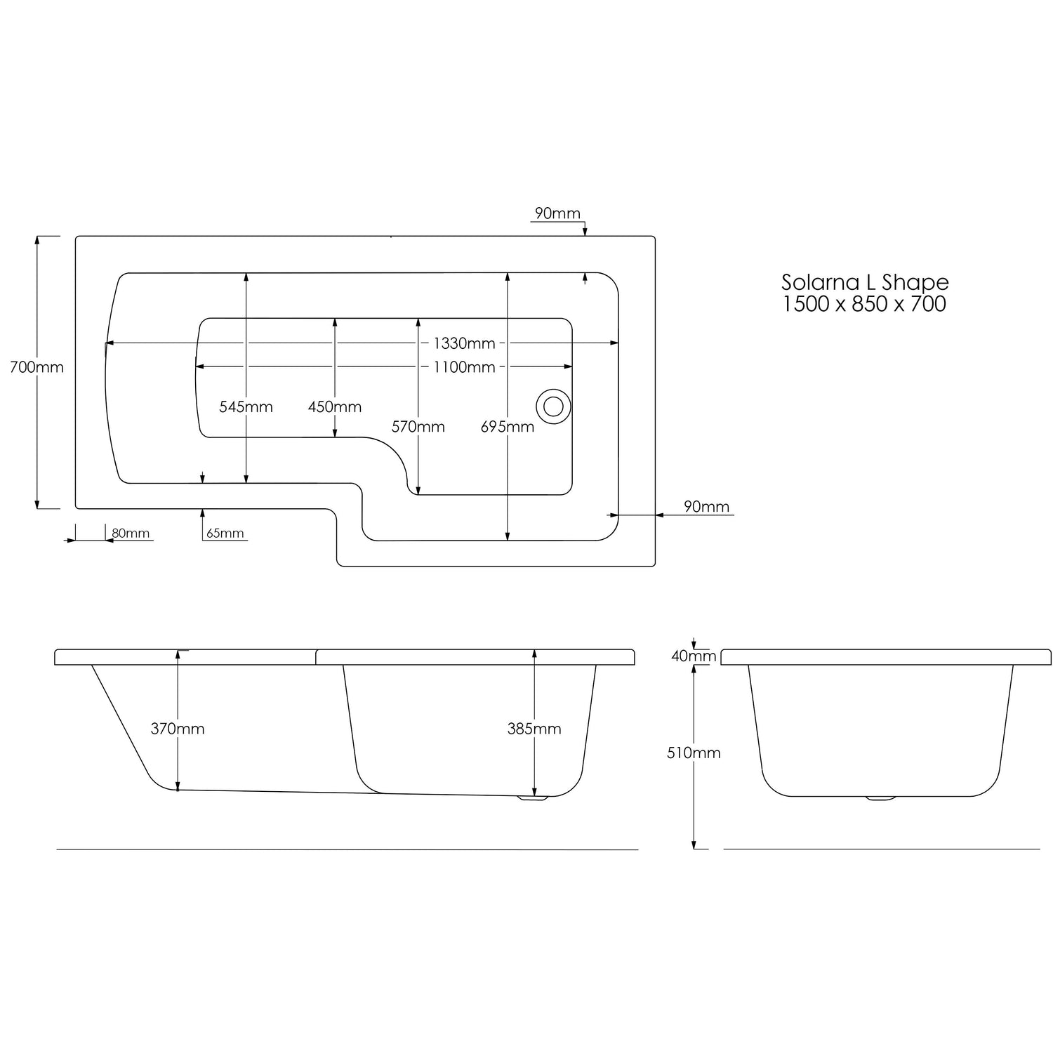 Santana L-Shaped Shower Bath - Left Hand (1500 x 850 x 700)