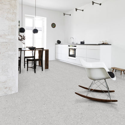 Kompact KlickFloor - Tamala Limestone vinyl flooring underneath kitchen unit and dinning table 11931