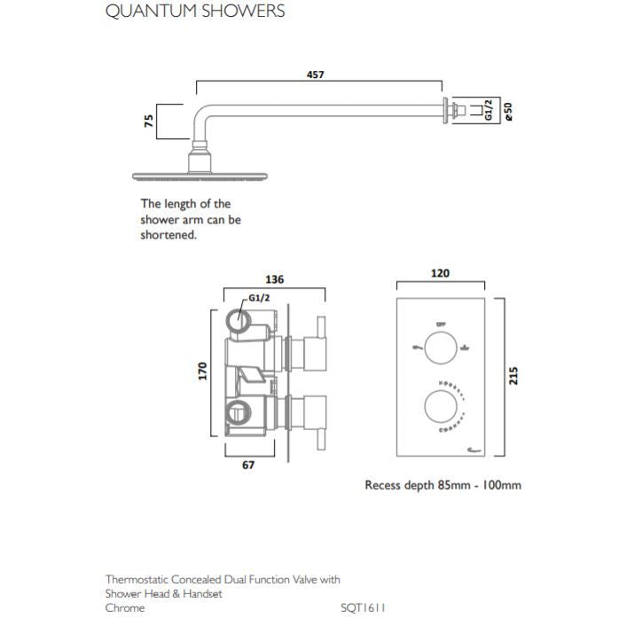 Tavistock Quantum Concealed Thermostatic Two Outlet Shower with Fixed Head