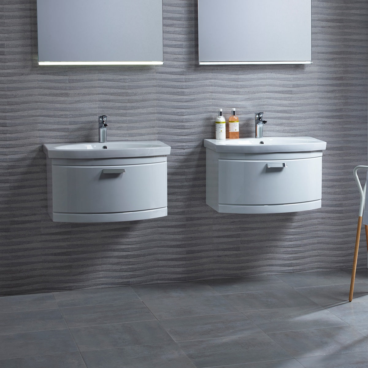 Tavistock Tempo 650mm Wall Mounted Unit &amp; Basin - Various Colours two basins against stone wall design and two mirrors above TE650WW