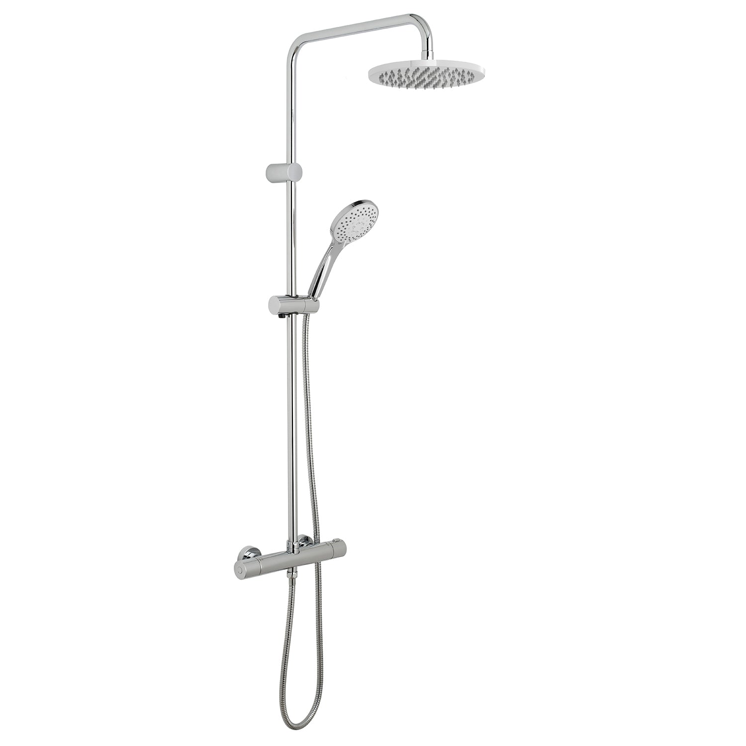 Vado Velo Round thermostatic shower valve with integrated diverter and rigid riser with single function shower head and shower handset