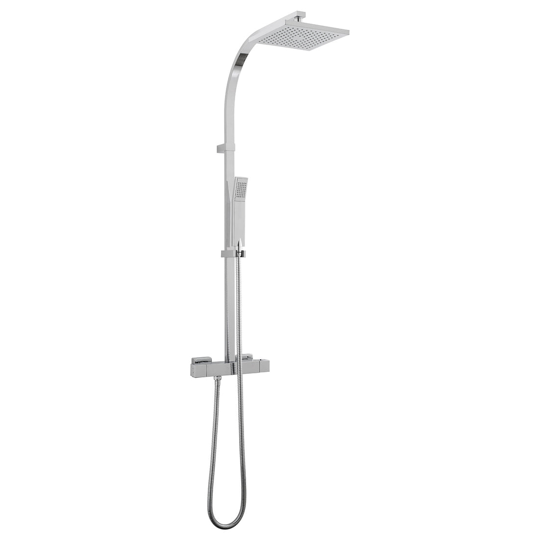 Vado Velo Square thermostatic shower valve with integrated diverter and rigid riser with single function shower head and shower handset